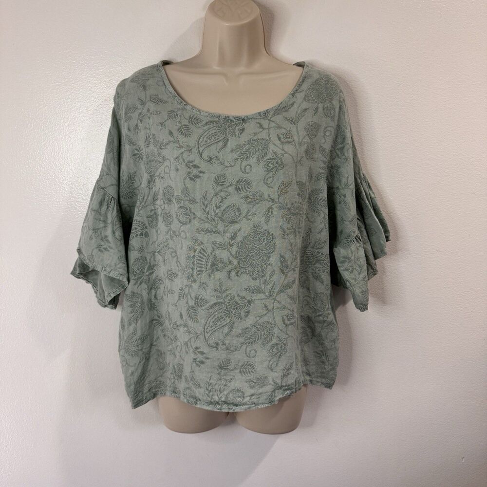 Viola Borghi Italy Shirt Blouse L 100% Linen Green Floral Ruffle Sleeve Lagen